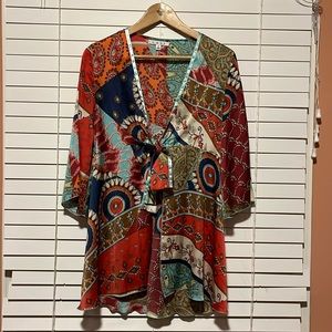 CAbi Tie Front Kimono Paisley Floral Patchwork Print Boho